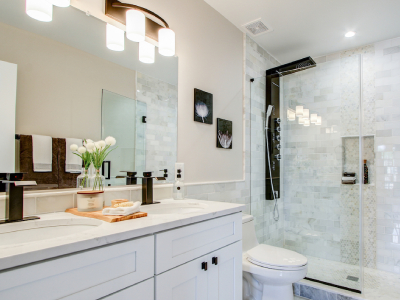Modern bathroom remodel with luxury fixtures and finishes