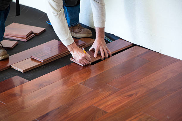 Hardwood floor installation in a living room